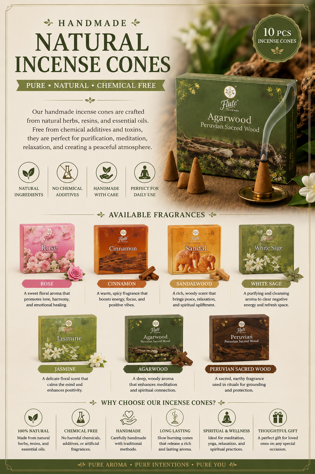 Natural Handmade Incense Cones - 10 Pieces
