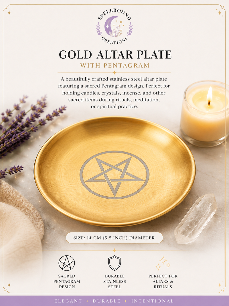 Gold Altar Plate with Pentagram - Stainless Steel (14cm)