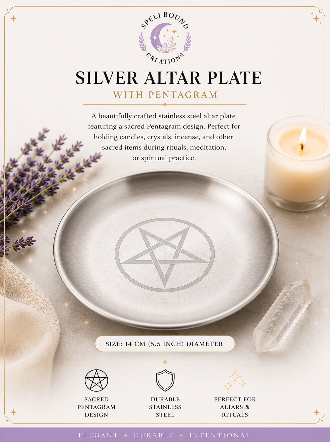 Silver Altar Plate with Pentagram - Stainless Steel (14cm)