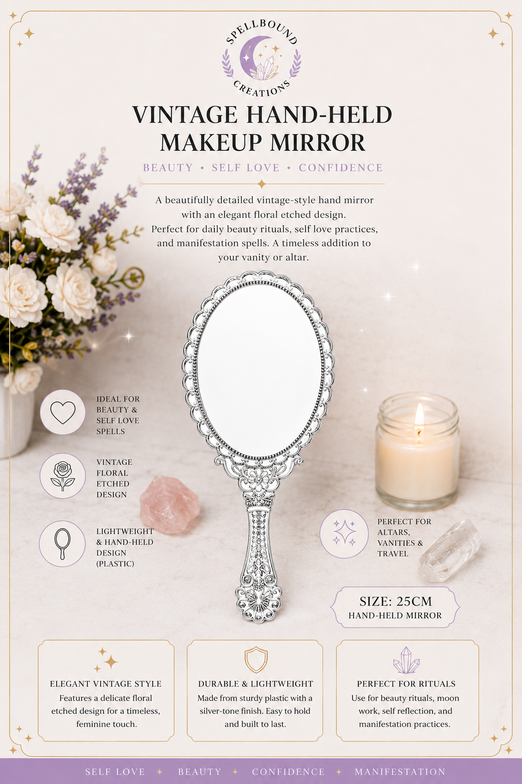 Silver Vintage Hand-Held Makeup Mirror (25cm)