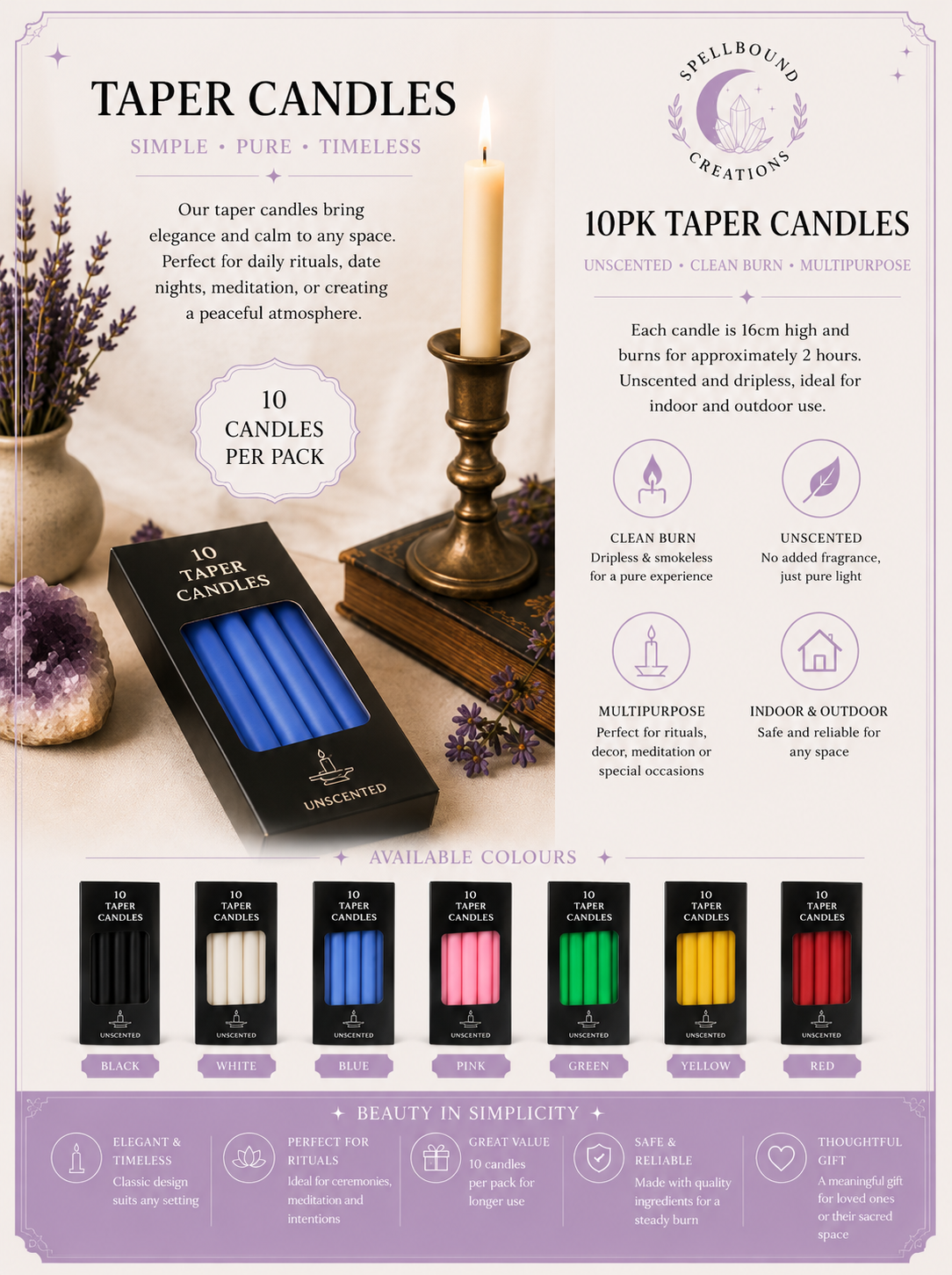 10pk Taper Candles - Unscented, Clean Burn (16cm)